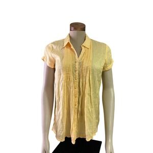 Coldwater Creek Large Women's Blouse Top Yellow Smocked Sheer Lightweight Button